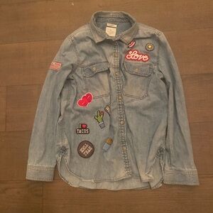 American Eagle Blue Embellished Button Down Shirt with patch work